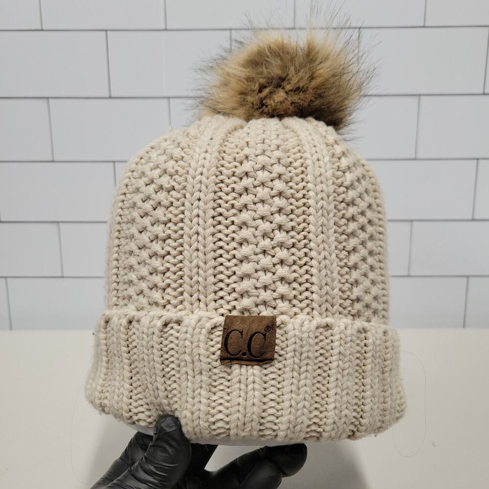 C.C Exclusives Women’s Cable Knit Pom Beanie Cream Faux Fur Winter Hat Korea